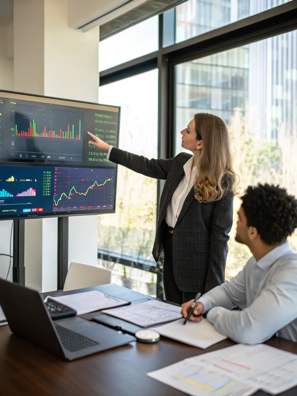 A professional Indian entrepreneur in a modern office, confidently presenting a business strategy to their team, showcasing leadership and innovation.